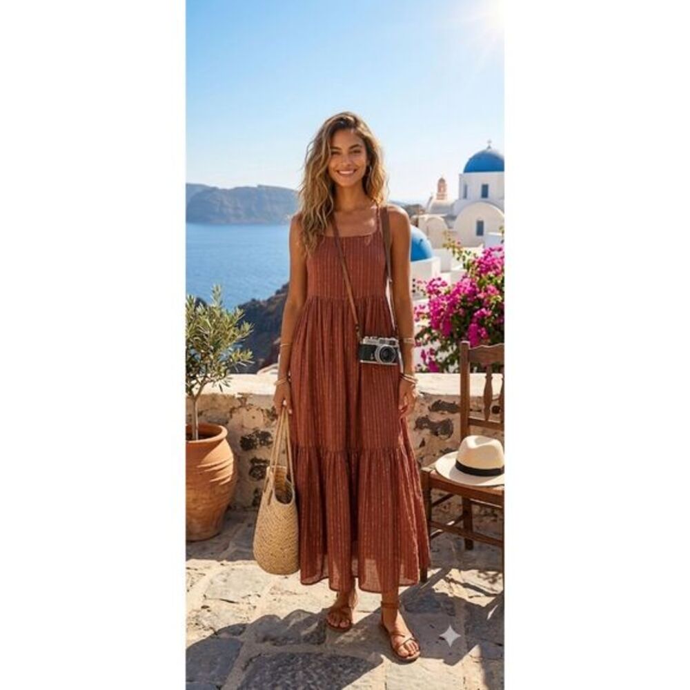 Ulla Johnson Samara Tiered Midi Dress 4 Mahogany Metallic Lurex Open Back